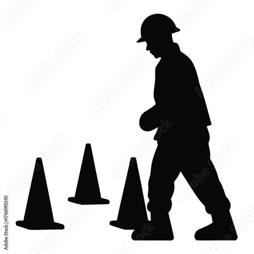 Silhouette of a construction worker navigating around traffic cones on a white background