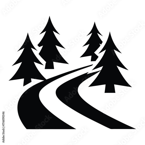Stylized black and white illustration of a winding road through a forest of pine trees