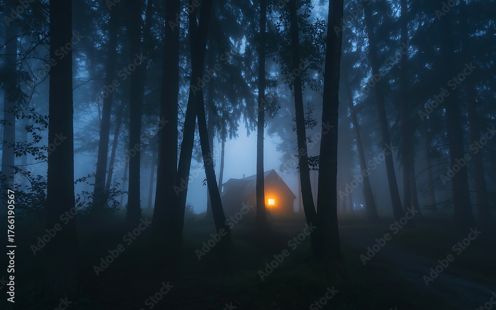 Fototapeta premium Mysterious glowing orb in a dark foggy forest at night