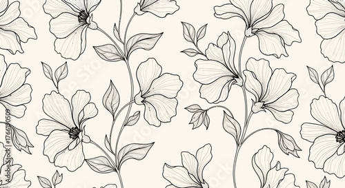 An elegant seamless floral pattern featuring delicate hand-drawn botanical line art flowers, perfect for vintage-inspired textile or wallpaper design