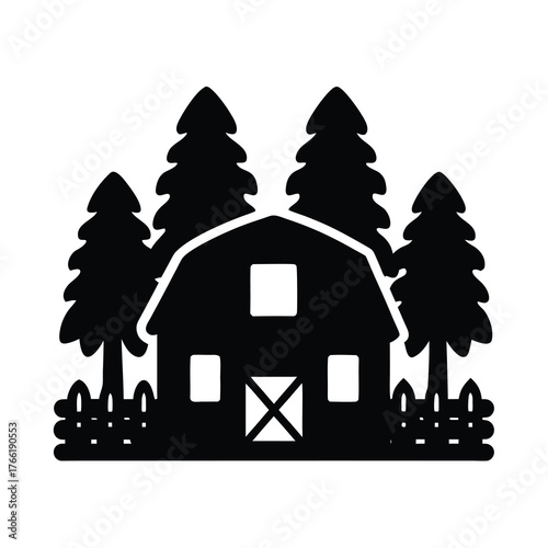 Rustic barn silhouette surrounded by pine trees and a decorative fence