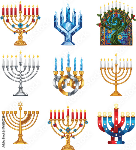 Menorah illustration, Hanukkah candle set, Jewish holiday candelabra, colorful menorah icons, festive Judaica design, traditional Hanukkah lights, modern menorah styles, decorative candle holders, rel