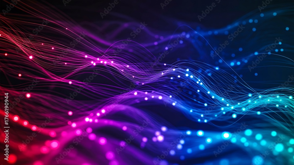 Obraz premium Colorful flowing abstract lines with glowing dots, digital wave background in neon blue pink and purple, futuristic technology motion design 