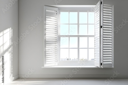 Window with Plantation Shutters Partially Open Interior Architectural Detail Light Control Home Design Feature Element