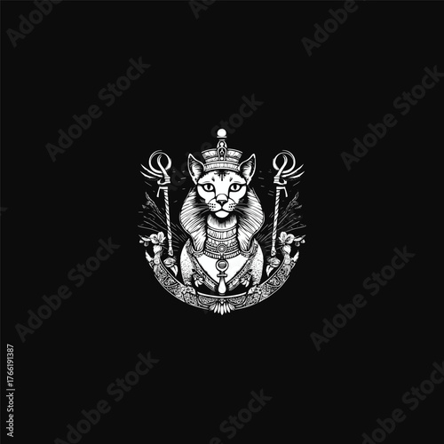 Striking black and white vector illustration of an Egyptian cat goddess, Bastet (Bast), wearing a pharaonic crown and elaborate ancient jewelry, flanked by the Ankh and Was symbols
