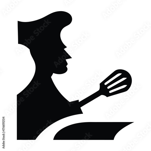 Silhouette of a chef in a tall hat preparing food with a whisk in a kitchen setting