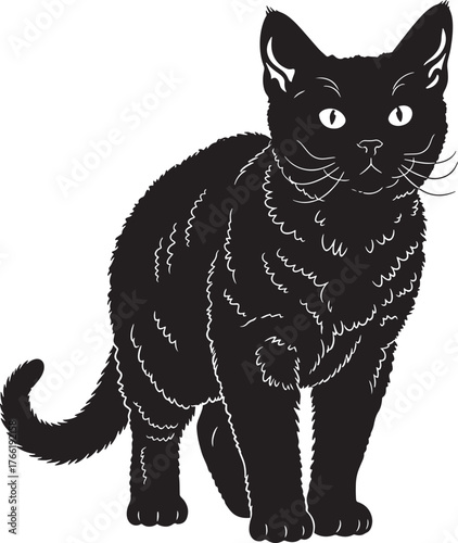 Striking silhouette of a black cat with bright eyes and curled tail awaiting your next creative project