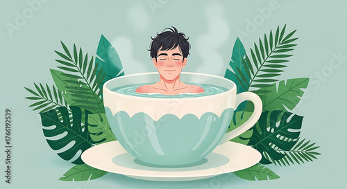 Man relaxing in a giant teacup filled with water, surrounded by lush green tropical leaves, a surreal spa concept