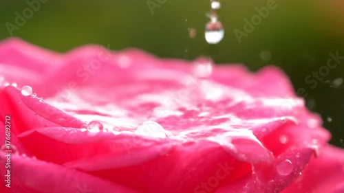 Extreme slow motion close-up of glistening water drops falling and cascading onto the delicate petals of a fresh flower, creating beautiful reflections drops, dew, freshness
