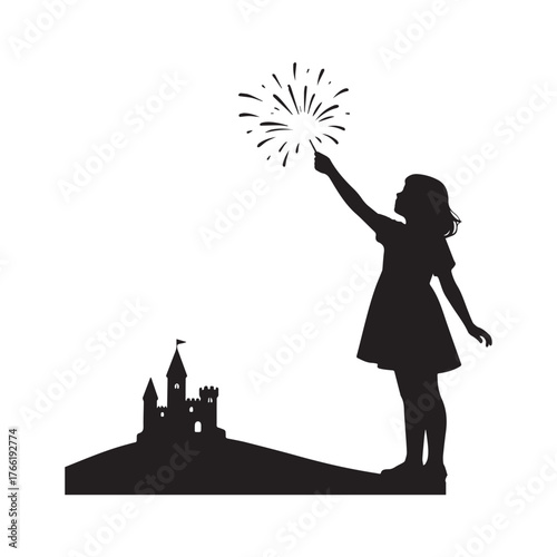 Silhouette of girl reaching for fireworks near castle on hill woman hand. 