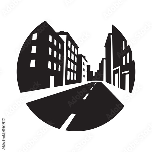 Urban City Street Silhouette with Buildings and Circular Frame in Black and White Design.