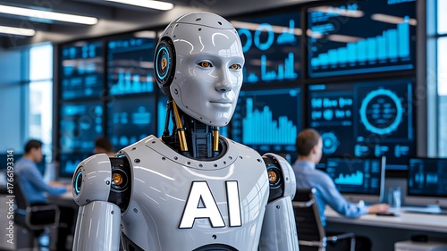 Wallpaper Mural AI robot in data center with digital screens, artificial intelligence and futuristic automation concept
 Torontodigital.ca