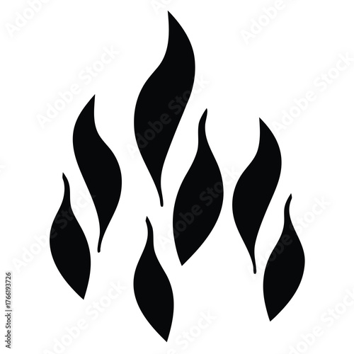 Abstract black flame shapes arranged in a dynamic upward reaching cluster against a white background