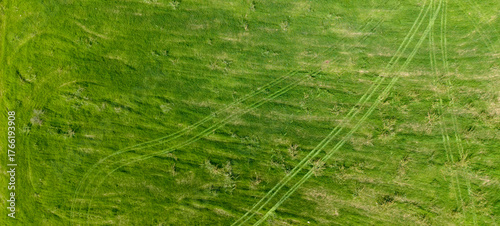 A top down aerial drone view of a lush green grass field with visible tire tracks creating an abstract natural background