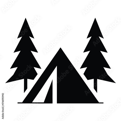 Simple silhouette of a tent pitched between two evergreen trees in a forest setting