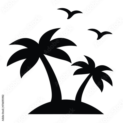 Silhouette of two palm trees on a small island with birds flying in the sky