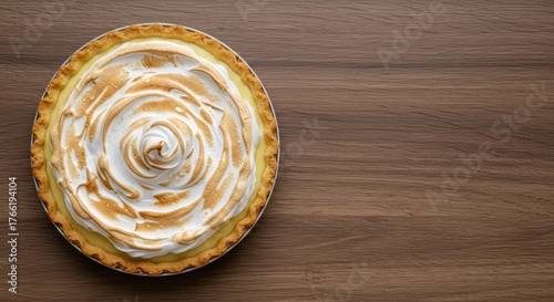A classic, creamy lemon meringue pie with a thick golden-brown toasted meringue top and a buttery crust, shot from a high angle ,golden ,sweet ,homemade