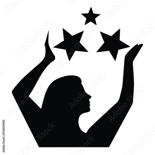 Silhouette of a woman reaching up towards three sparkling stars against a white background