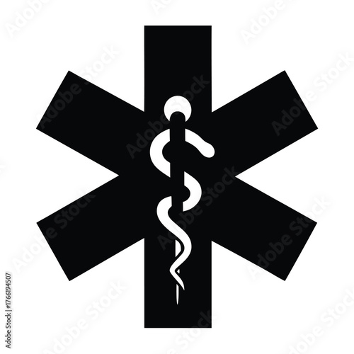Black star of life symbol with a white caduceus snake entwined around a staff