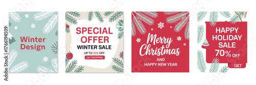 Winter Holiday Vector Templates with Snowflakes and Pine Branches – Festive square banner designs ideal for Christmas sales, social media posts, greeting cards, posters, and mobile app holiday campaig