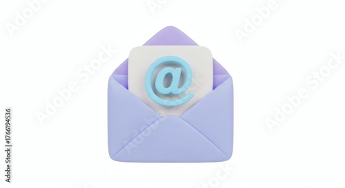 3D Pastel Purple Envelope with Light Blue At Symbol Icon on White Background for Email Marketing