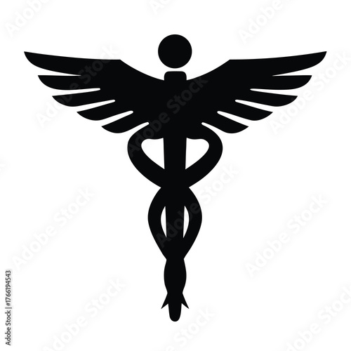 Black silhouette of the caduceus symbol with wings and serpent on a white background