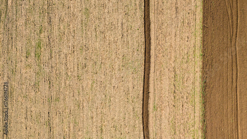 Konstfotografi A beautiful top down aerial shot of a harvested wheat field with a dark furrow s