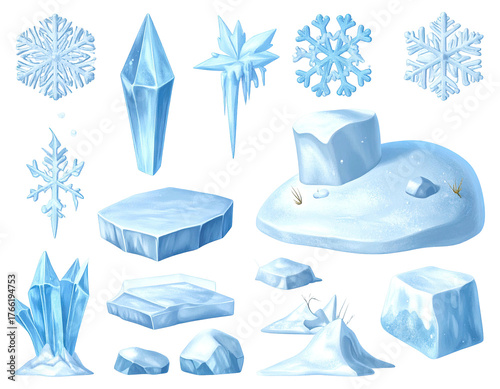 Ice crystals, chunks, and snow mounds on black