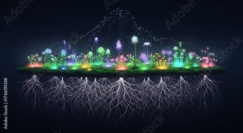 Digital Floral Display A Glowing Garden of Illuminated Flowers with Root System Illustration