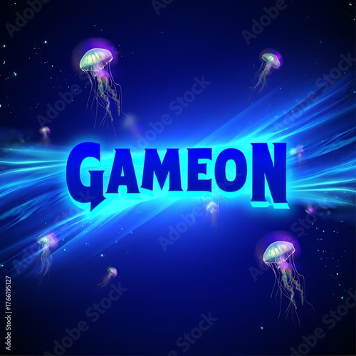 Energetic 'Game On' illuminated text graphic, set against a vibrant blue digital background with ethereal glowing jellyfish and dynamic light effects, perfect for gaming or tech themes