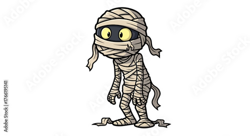 Cartoon mummy character with bandages and big eyes.