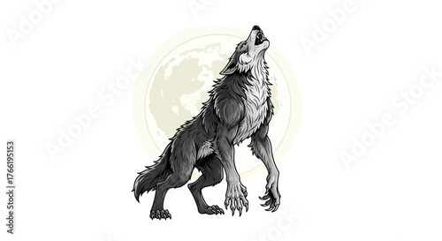 A detailed black and white illustration of a fearsome werewolf standing on its hind legs and howling at the full moon.