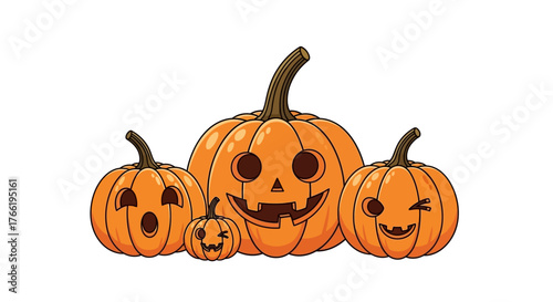 A cartoon illustration of four orange pumpkins with carved faces, resembling a family of jack-o'-lanterns, on a white background.