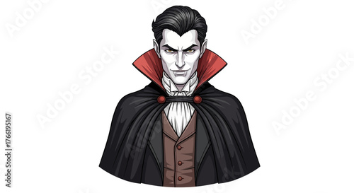 Illustration of a vampire with a black cape and red collar.