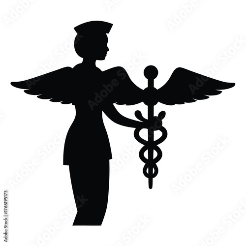 Silhouette of an angelic nurse figure with wings holding the medical caduceus symbol