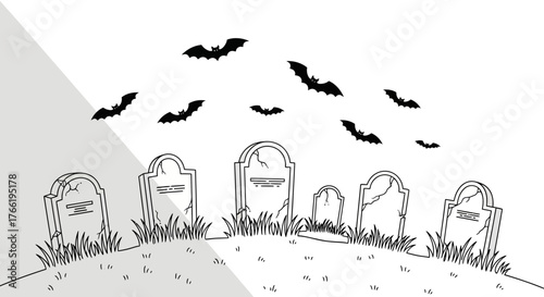 A spooky graveyard scene with tombstones and bats flying overhead.