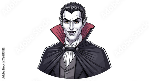 Cartoon illustration of a classic vampire character with fangs, dark hair, and a dramatic cape, looking menacingly forward.