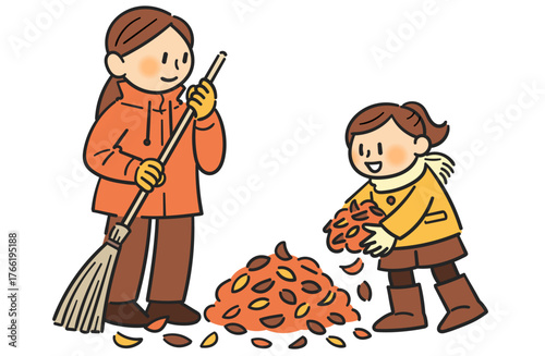 落ち葉を掃く母と娘