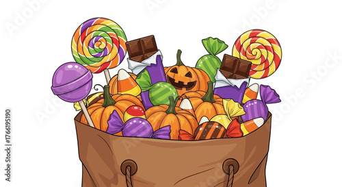 A brown bag overflowing with a variety of Halloween candies and pumpkins, a festive illustration.