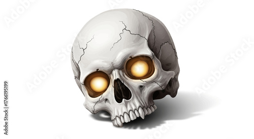 A detailed illustration of a skull with glowing yellow eyes, set against a white background.