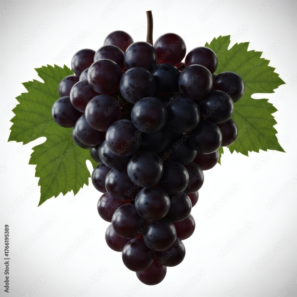 Fototapeta premium Fresh Black Seedless Grapes with Green Leaves Isolated on White Background