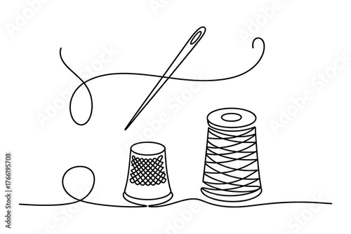 Sewing Needle Thimble Thread Spool Vector Continuous Line Drawing