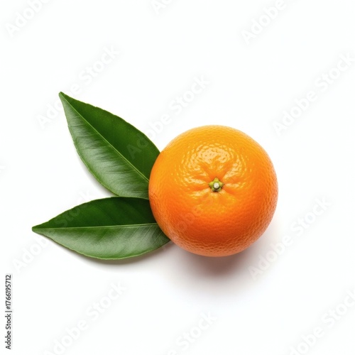 Fresh Whole Orange Fruit with Vibrant Green Leaves on Clean White Background Top View