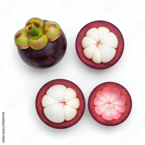 Exotic Mangosteen Fruit Whole and Sliced on White Background Tropical Superfood