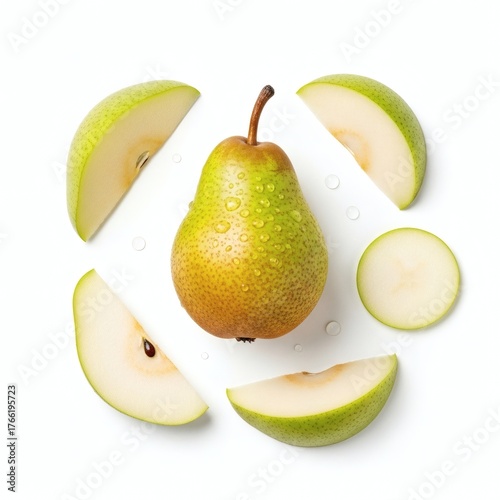 Fresh Green Pear Halves and Slices with Water Droplets on White Background