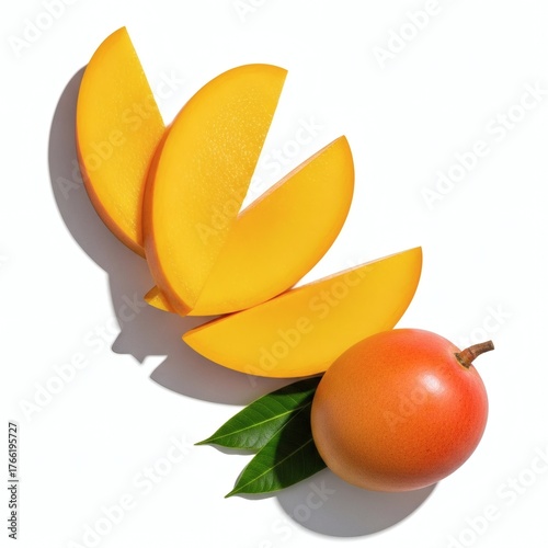 Fresh Ripe Mango Slices and Whole Fruit with Green Leaves on White Background