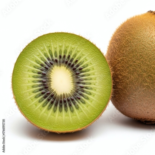 Fresh Cut Green Kiwi Fruit Half with Whole Fruit on White Background