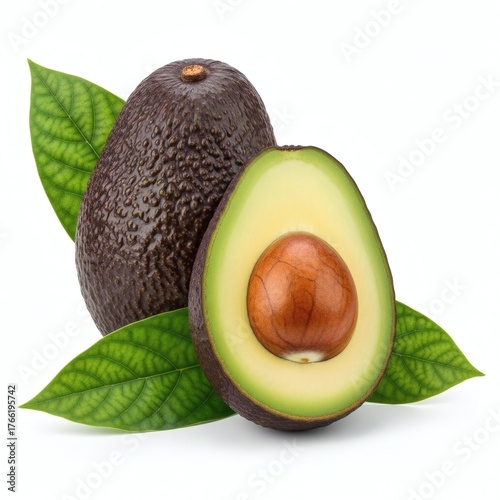 Fresh Hass Avocado Whole and Halved with Green Leaves Isolated on White Background for Healthy Eating