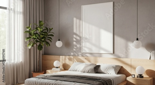 Minimalist Bedroom Interior with Blank Poster Mockup Natural Light and Indoor Plant