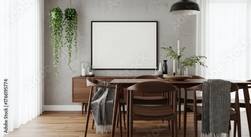 Modern Dining Room Interior with Blank Frame Mockup Mid Century Furniture and Hanging Plants
